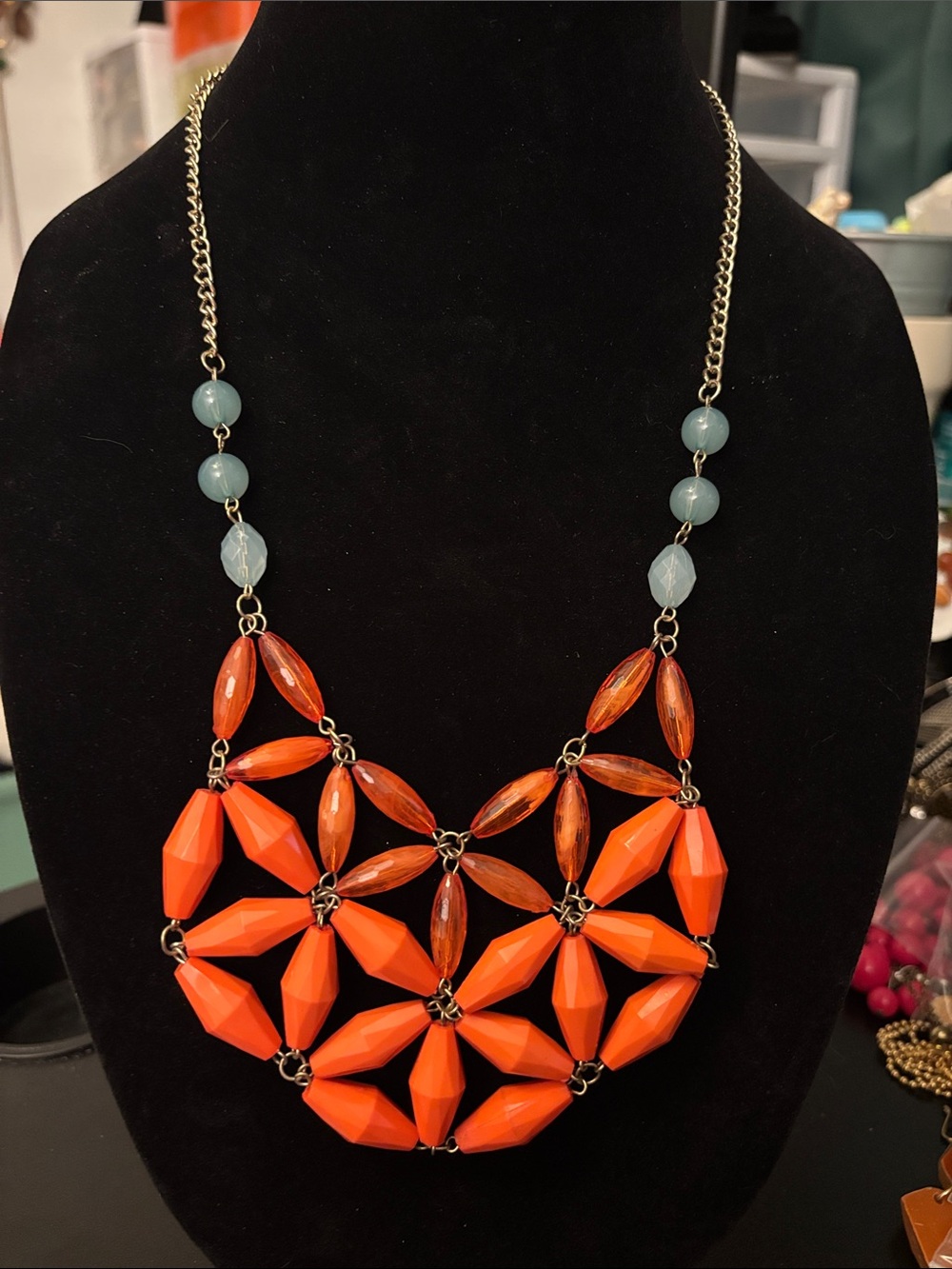 Statement Orange Flower Design Beaded Bib Necklace